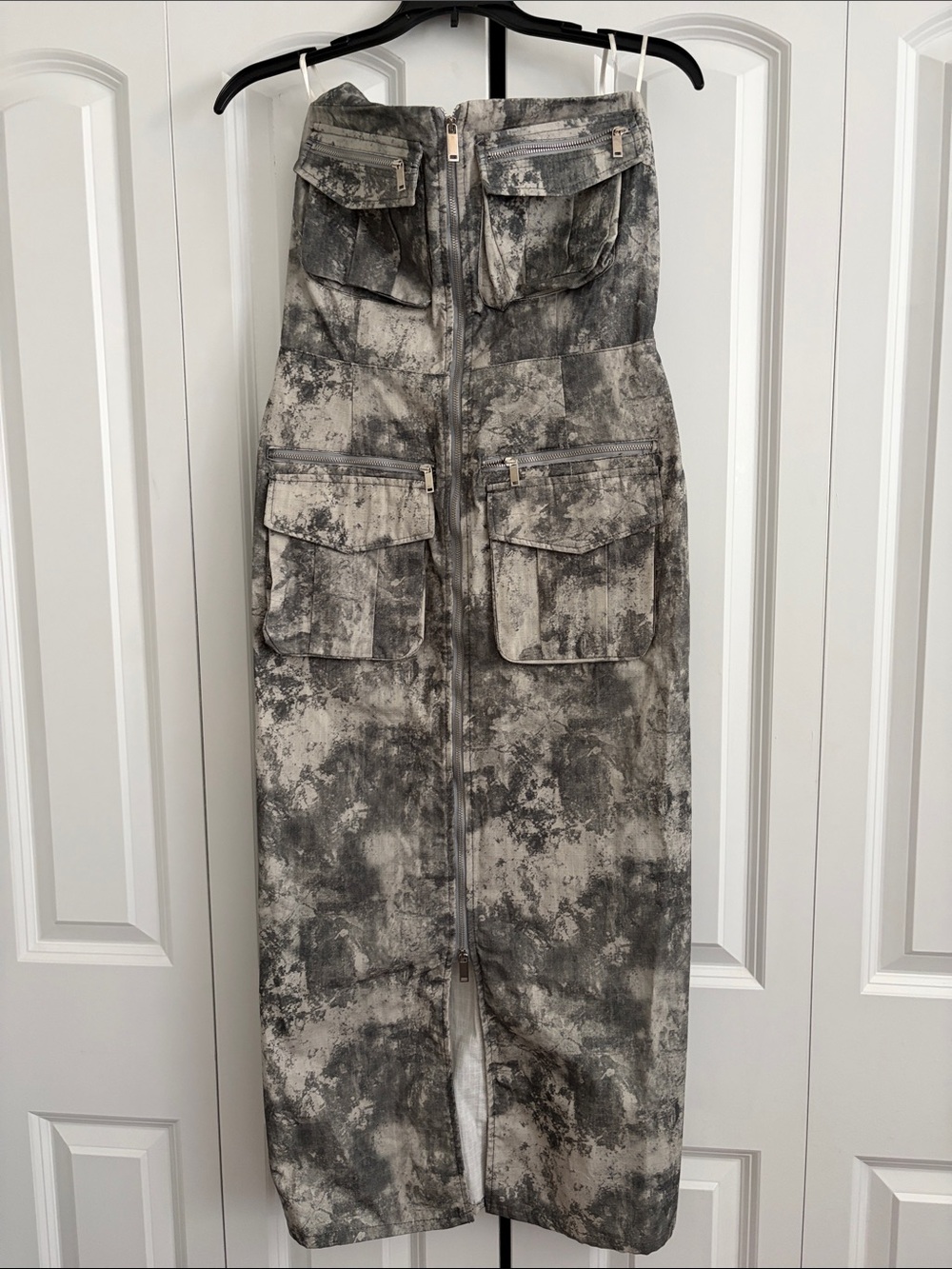 Zara Strapless Utility Midi Dress in Black and Cream Tie-Dye